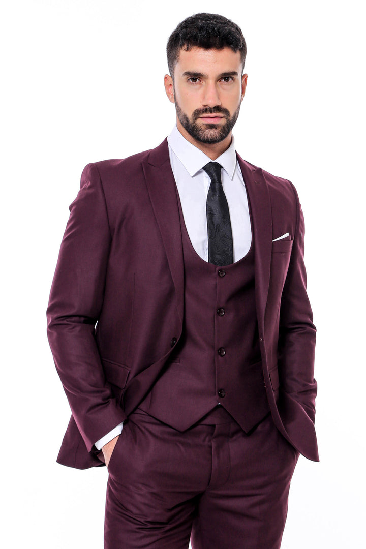 Plain Slim Fit Burgundy Men Suit - Wessi