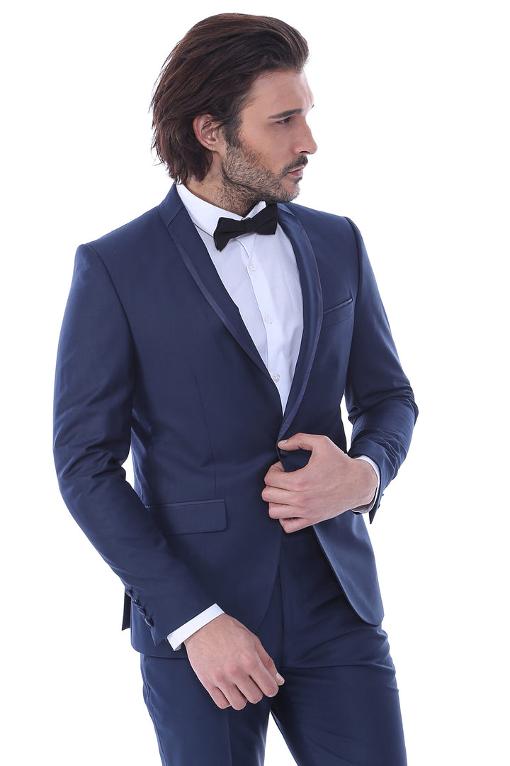 Costume 2 Pièces Col Smoking Passepoil Bleu Marine-Wessi