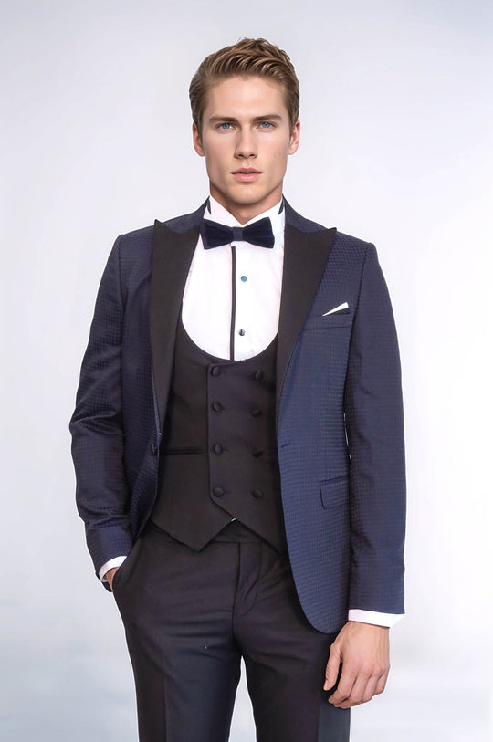 Navy Blue & Black Self-Patterned 3-Piece Vested Tuxedo | Wessi Wedding Suit Wessi - Discover Diversity Navy Blue & Black Self-Patterned 3-Piece Vested Tuxedo | Wessi Wedding Suit Wessi - Discover Diversity