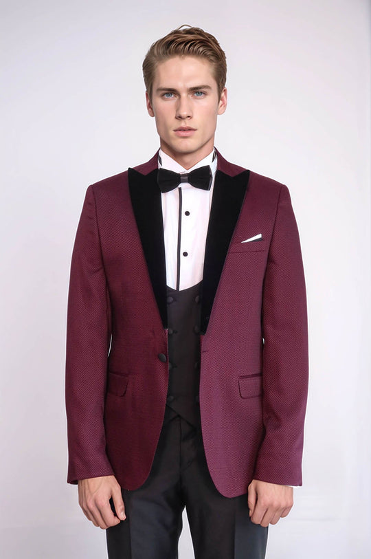 Patterned Blazer Plain Vest and Trousers Claret Red Tuxedo - Wessi