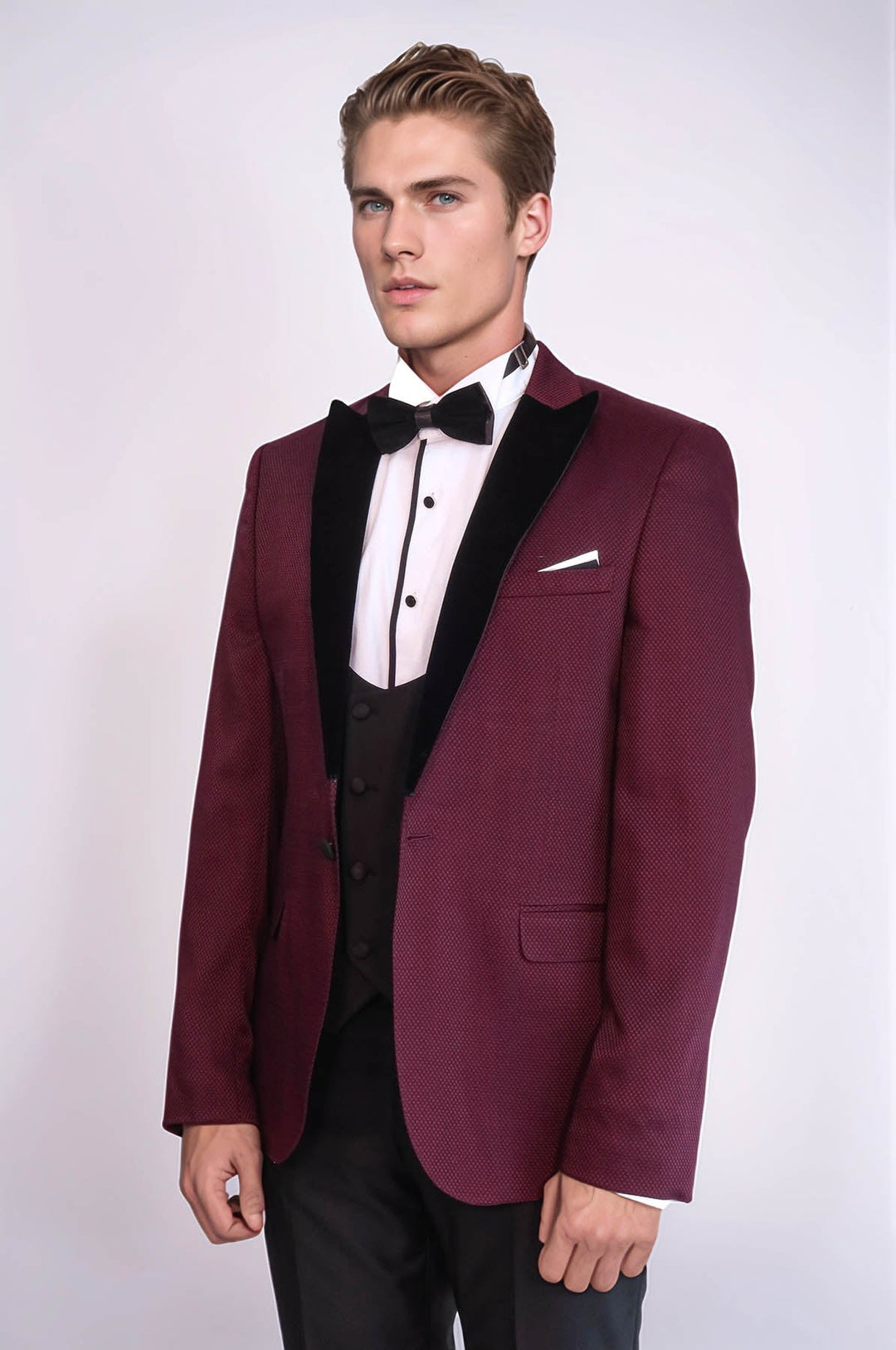 Blazer fantasia Gilet e pantaloni tinta unita Smoking rosso bordeaux - Wessi