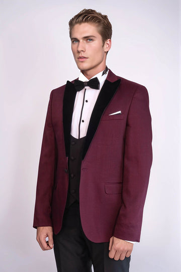 Patterned Blazer Plain Vest and Trousers Claret Red Tuxedo - Wessi