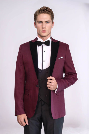Patterned Blazer Plain Vest and Trousers Claret Red Tuxedo - Wessi