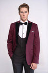 Patterned Blazer Plain Vest and Trousers Claret Red Tuxedo - Wessi