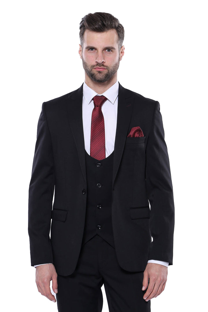 Patterned Black Vested Suit - Wessi