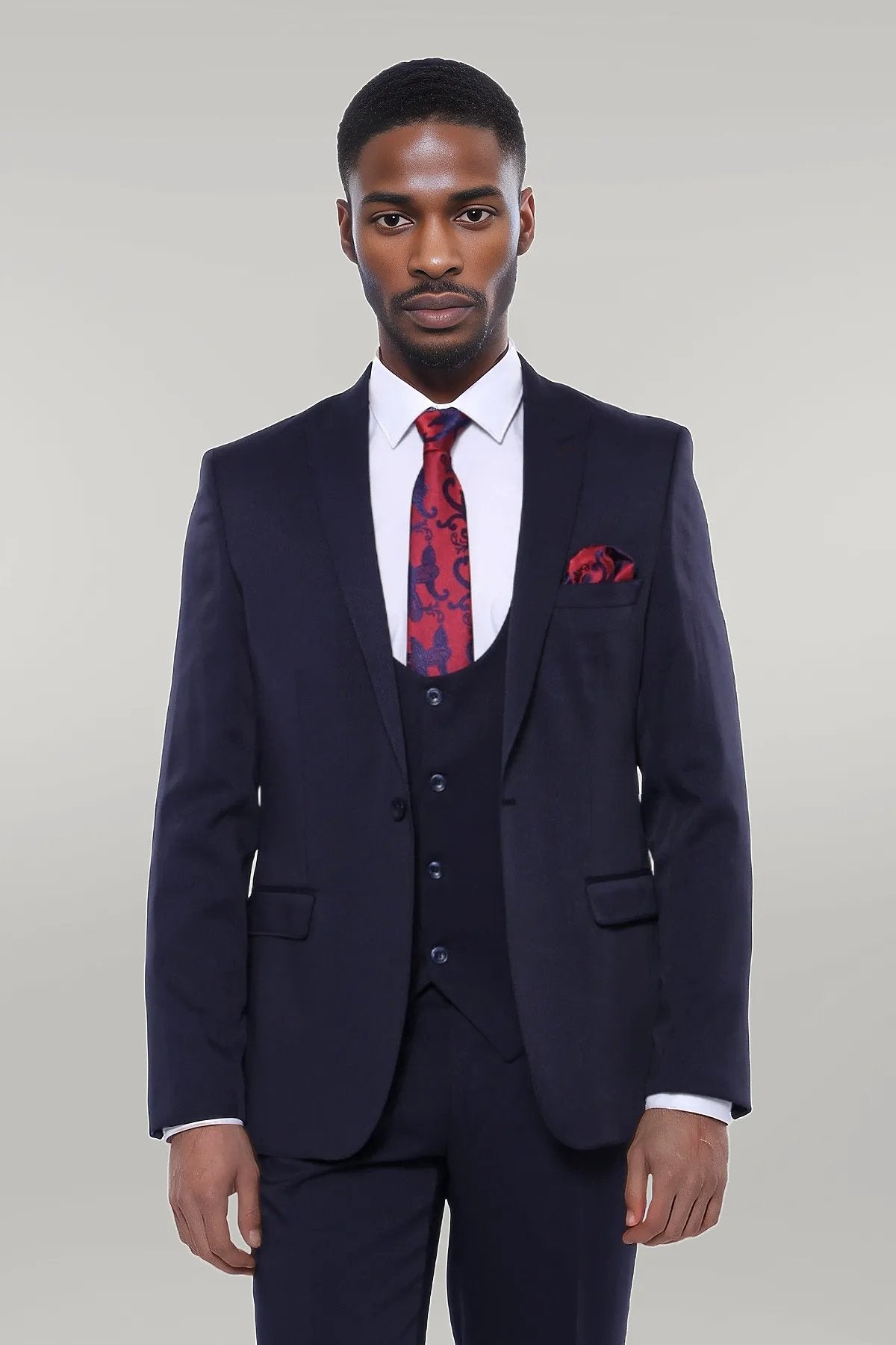 Patterned Navy Blue Vested Suit Wessi 46 Navy Blue