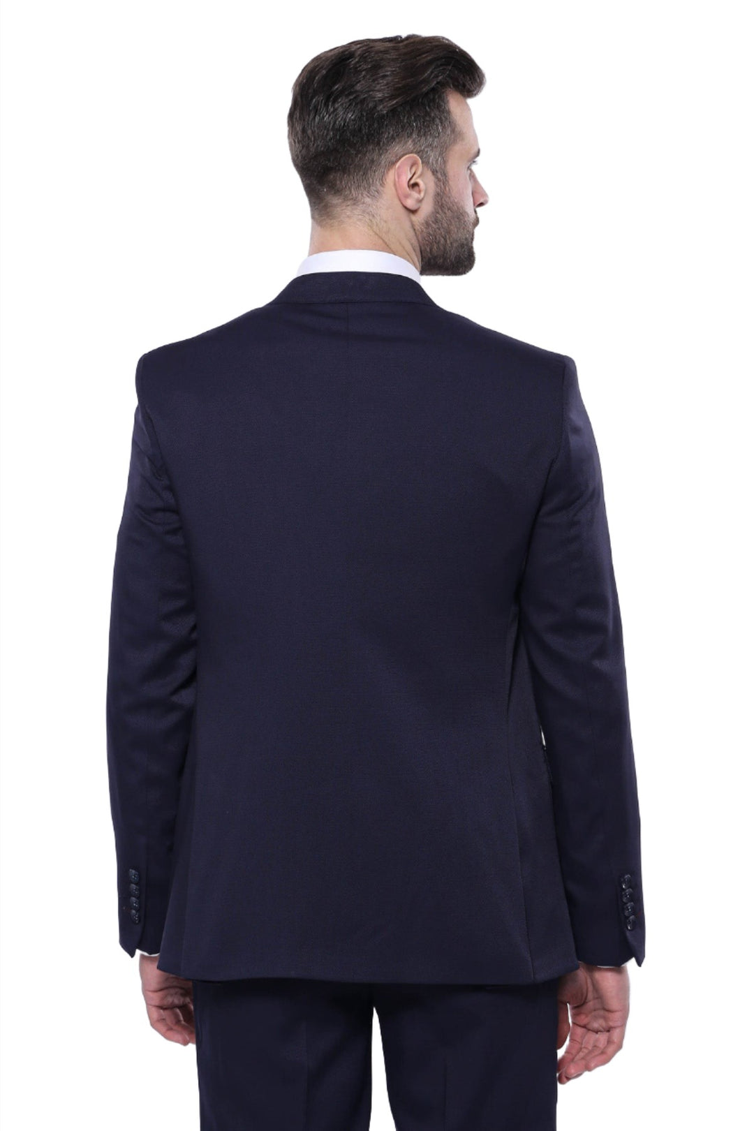 Patterned Navy Blue Vested Suit | Wessi