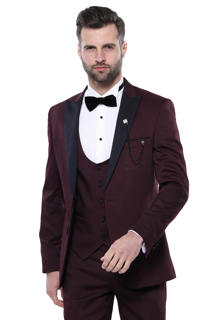 Detachable Lapel Burgundy Suit - Wessi
