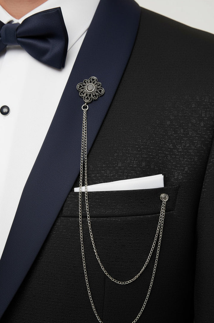 Shawl Lapel Double Breasted Navy Blue Suit | Wessi