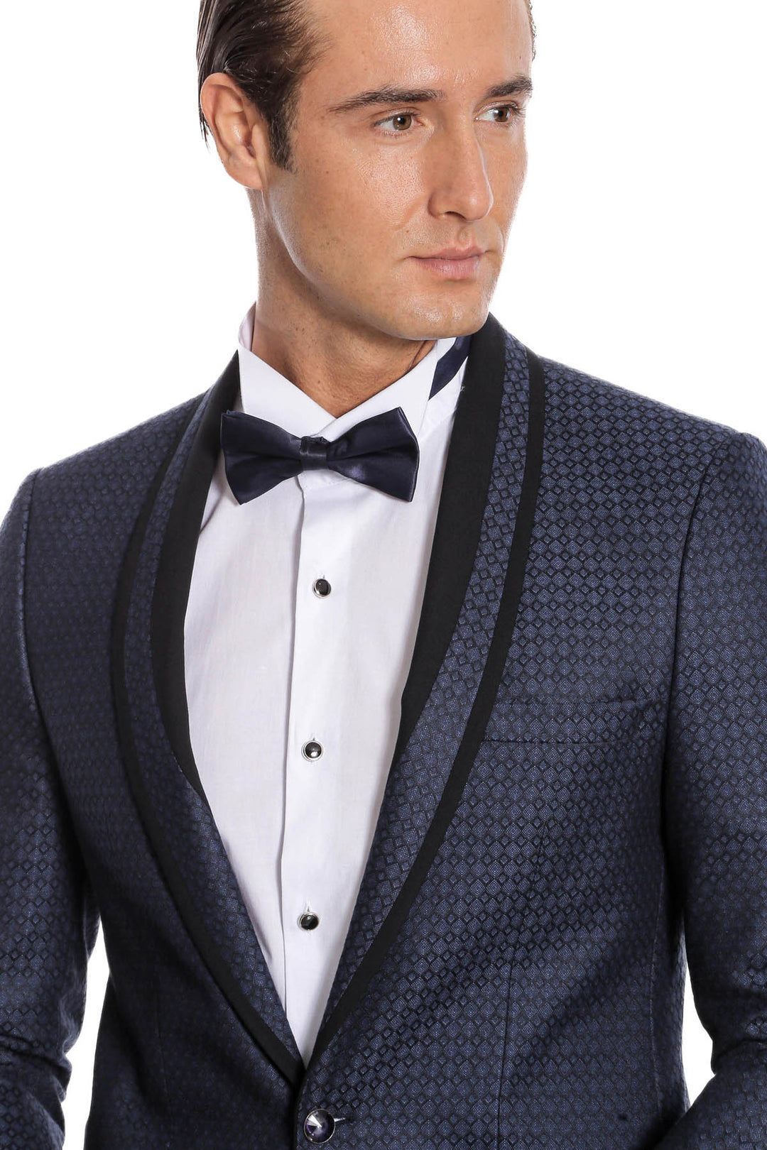Smoking bleu marine coupe slim à motifs avec revers châle | Wess