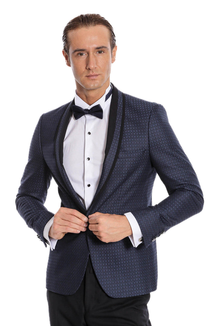 Smoking bleu marine coupe slim à motifs avec revers châle | Wess