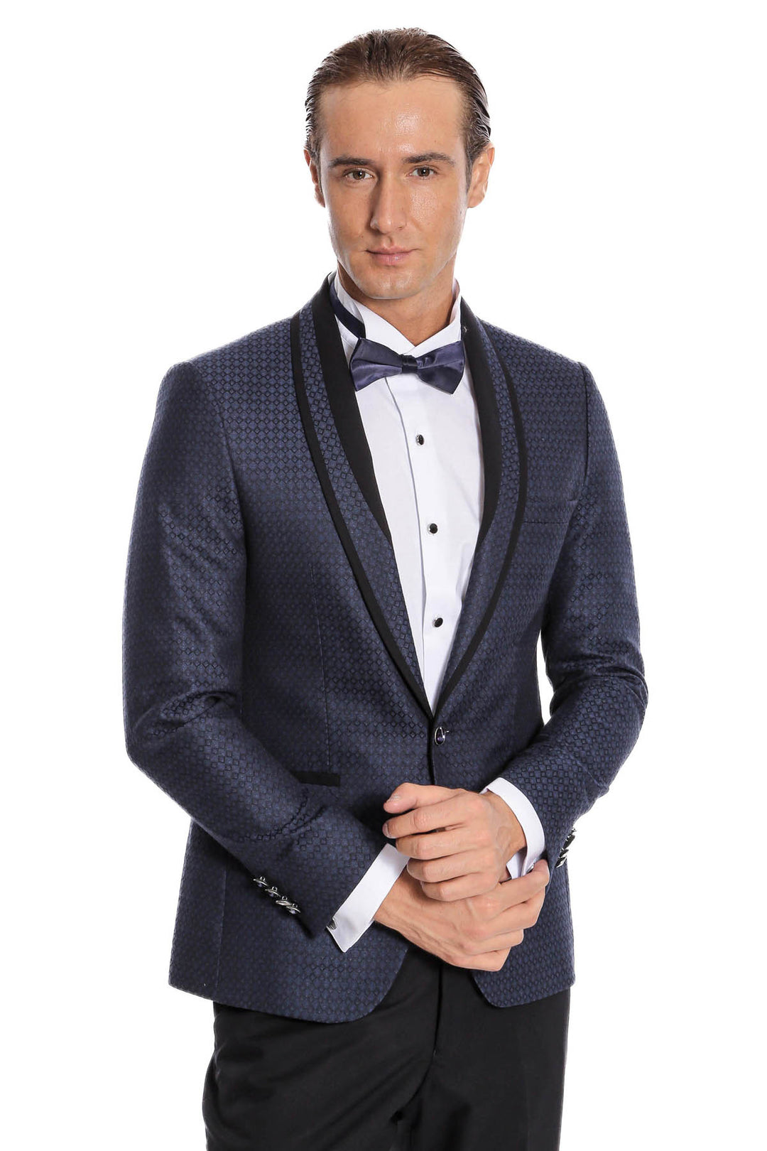 Smoking bleu marine coupe slim à motifs avec revers châle | Wess