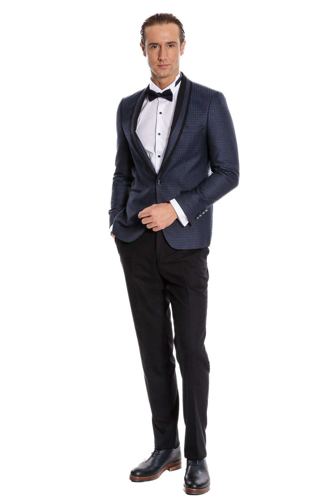 Smoking bleu marine coupe slim à motifs avec revers châle | Wess