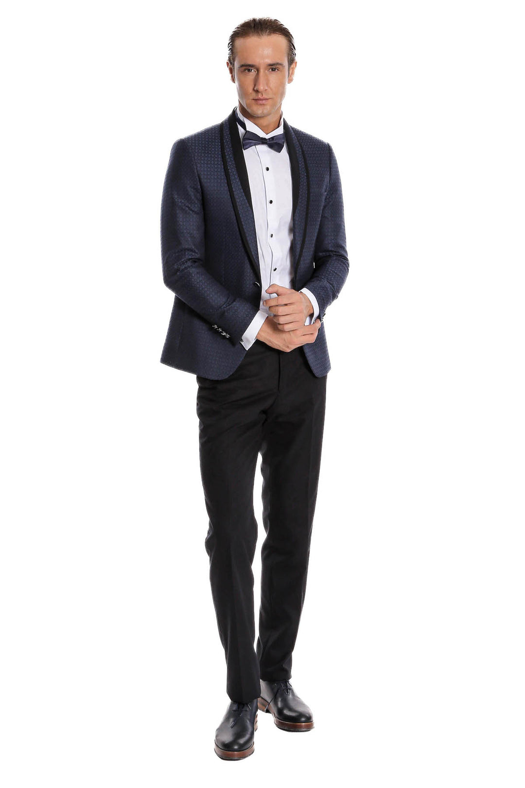 Smoking bleu marine coupe slim à motifs avec revers châle | Wess