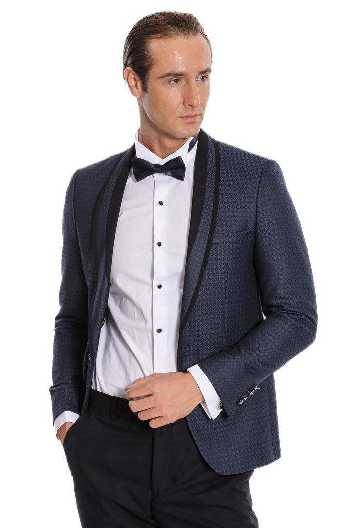 Smoking bleu marine coupe slim à motifs avec revers châle | Wess