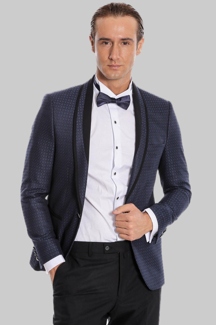 Smoking bleu marine coupe slim à motifs avec revers châle | Wess