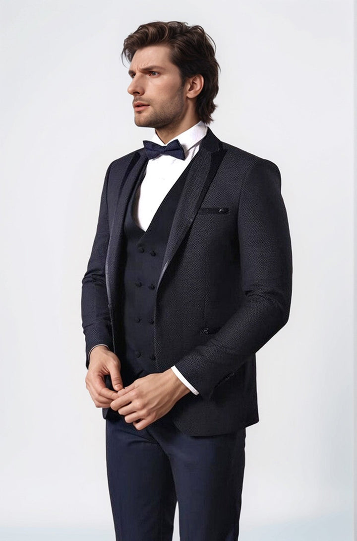 Темно-синий свадебный костюм с жилетом в горошек | Весси - Весси