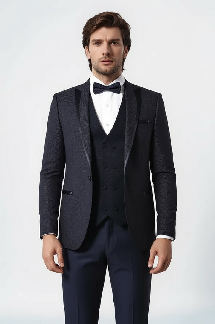 Темно-синий свадебный костюм с жилетом в горошек | Весси - Весси