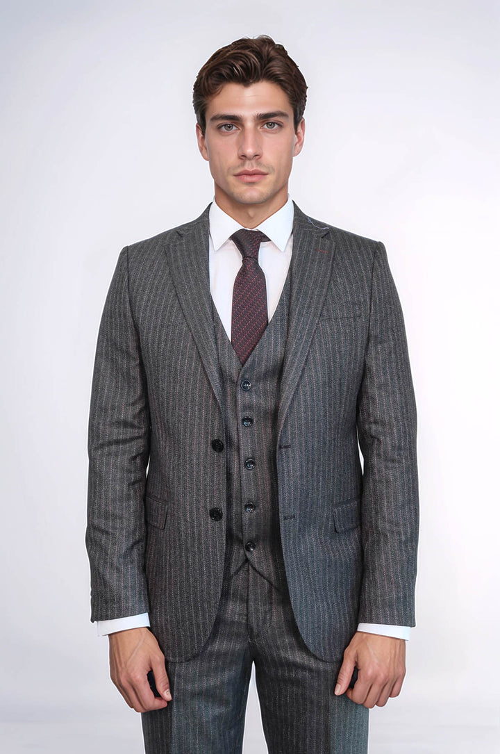 Striped Black Vested Suit - Wessi