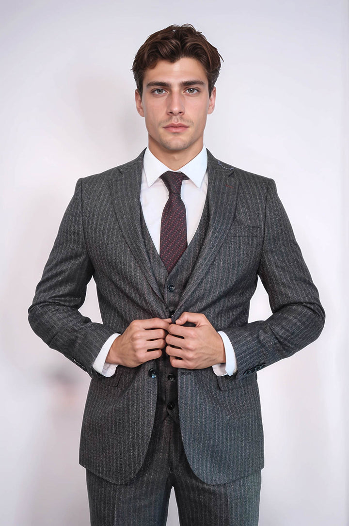 Striped Black Vested Suit - Wessi