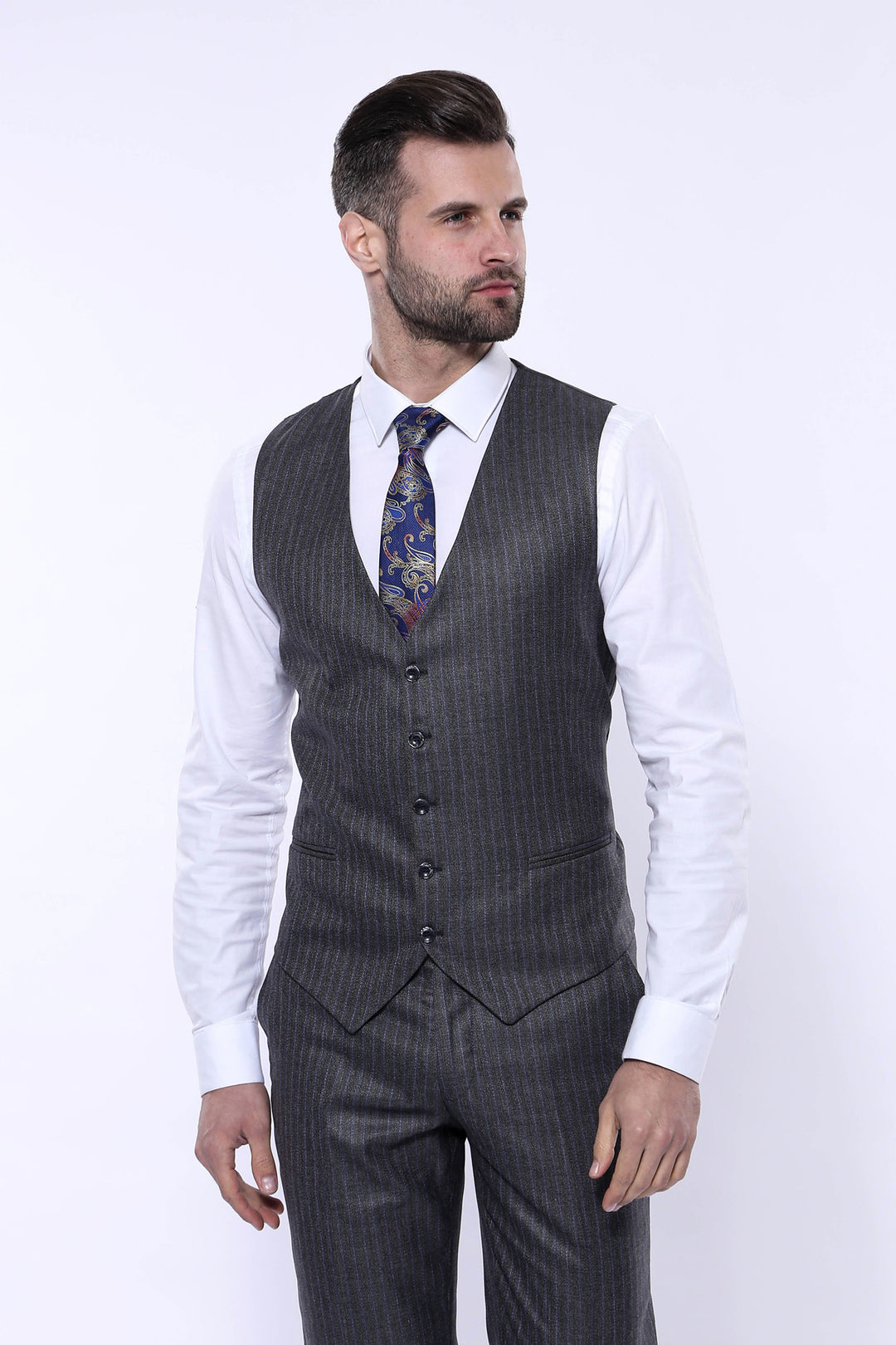 Traje gris a rayas con chaleco | Wessi - Wessi