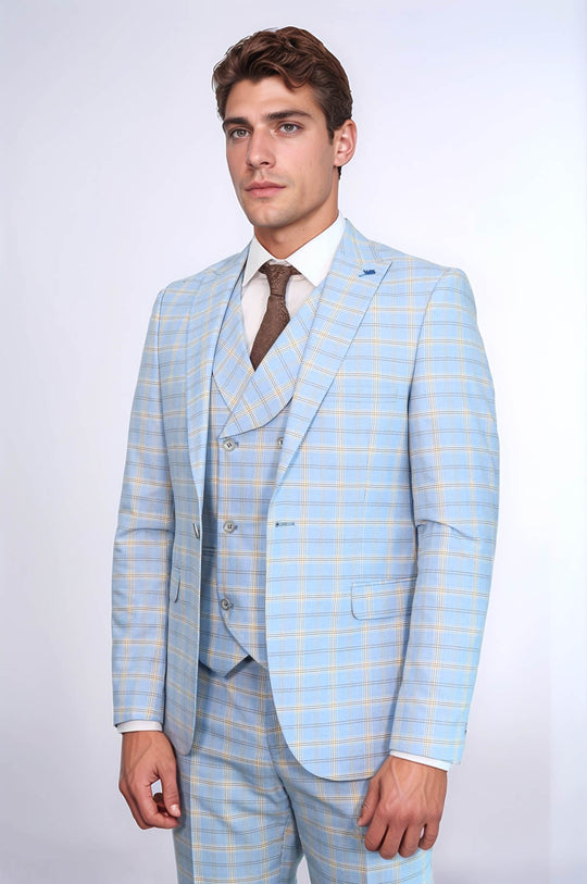 Traje de tres piezas a cuadros azul bebé | wess