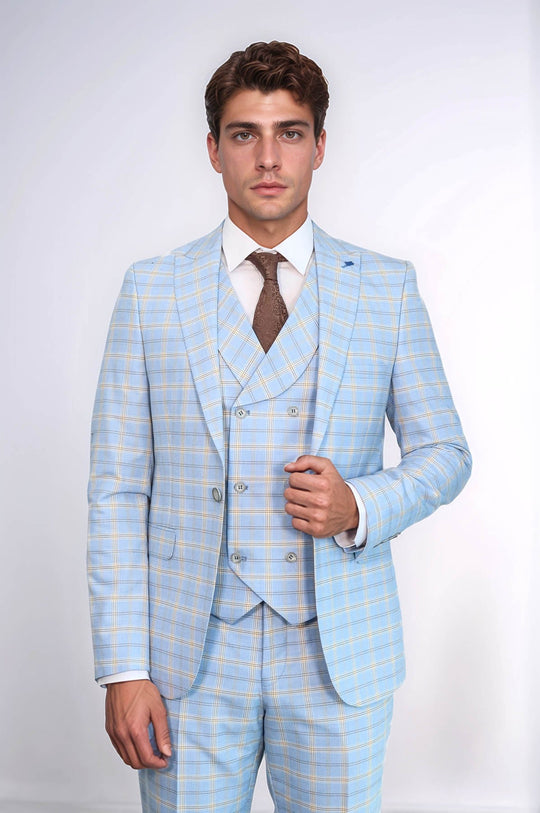 Traje de tres piezas a cuadros azul bebé | wess