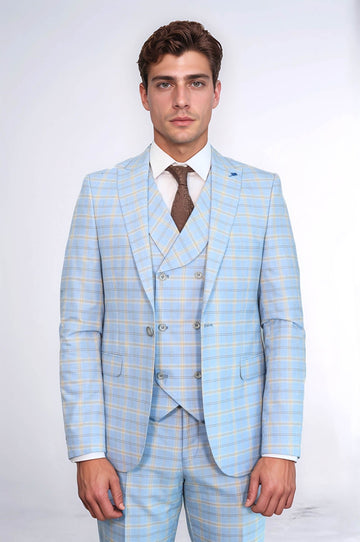 Traje de tres piezas a cuadros azul bebé | wess