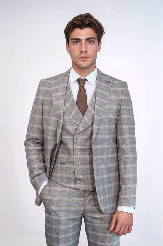 Beige Checked 3-Piece Suit with Double Breasted Vest | Wessi Wessi - Discover Diversity Beige Checked 3-Piece Suit with Double Breasted Vest | Wessi Wessi - Discover Diversity