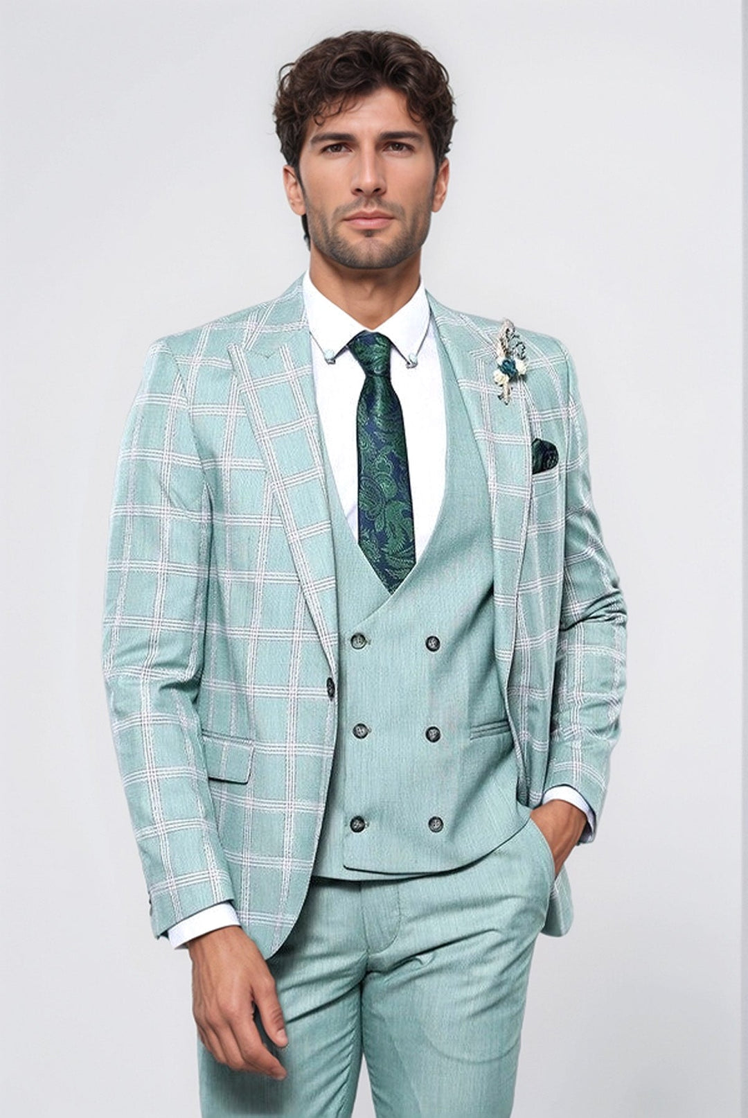 Checked Light Green Vested Suit | Wessi