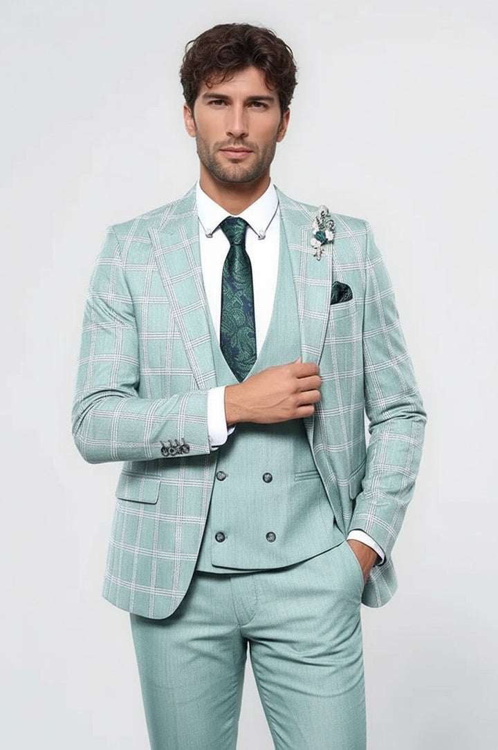 Checked Light Green Vested Suit | Wessi