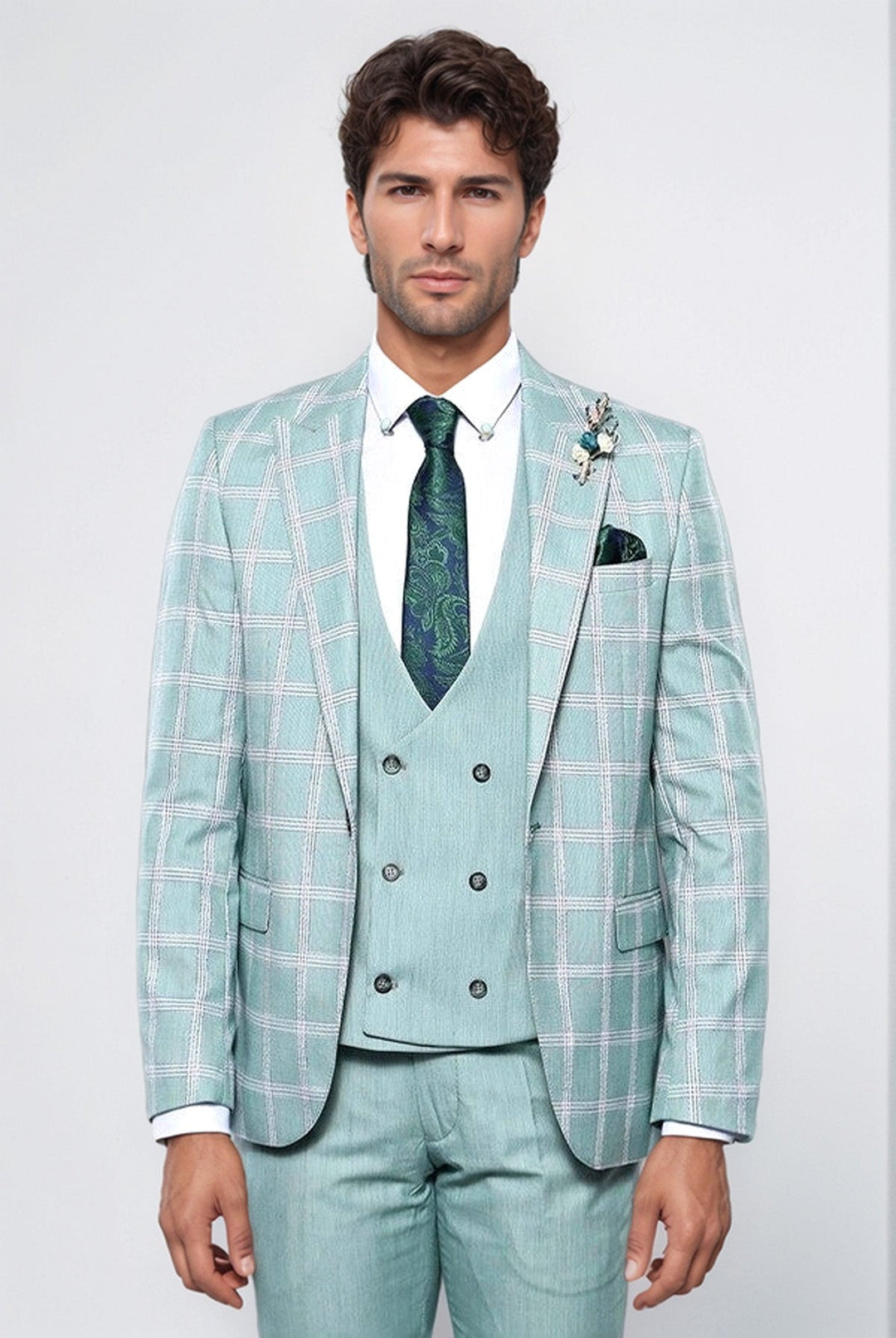 Checked Light Green Vested Suit | Wessi