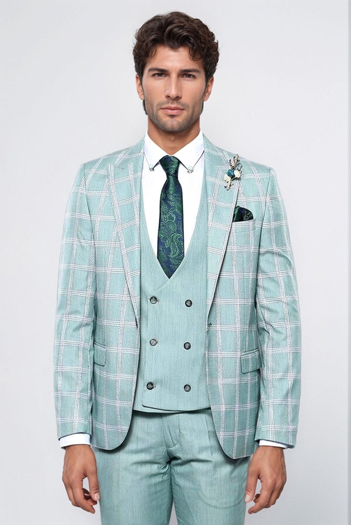 Checked Light Green Vested Suit | Wessi