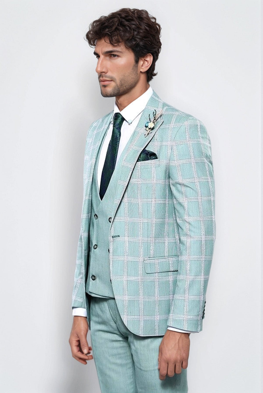 Checked Light Green Vested Suit | Wessi