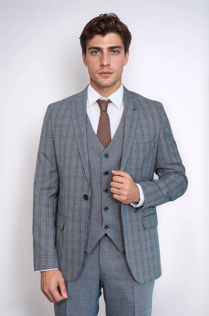 Traje azul marino ajustado con chaleco a cuadros | wess