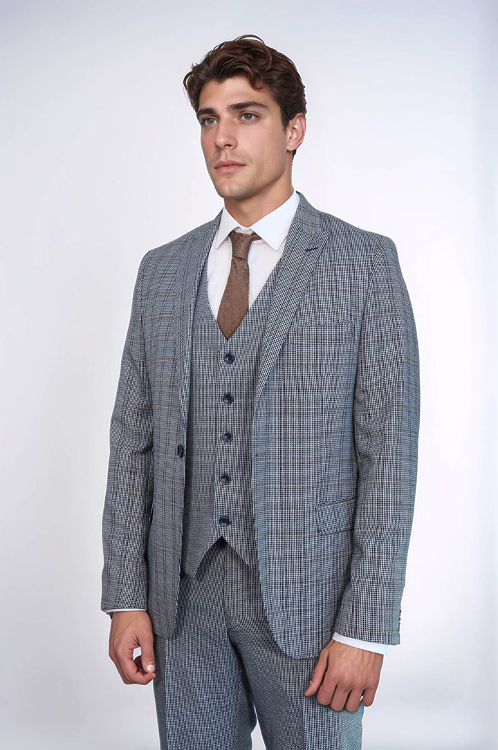 Traje azul marino ajustado con chaleco a cuadros | wess