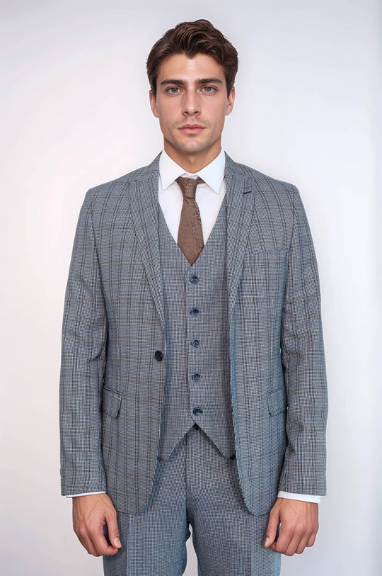 Abito slim fit blu navy a quadri con gilet | Wess