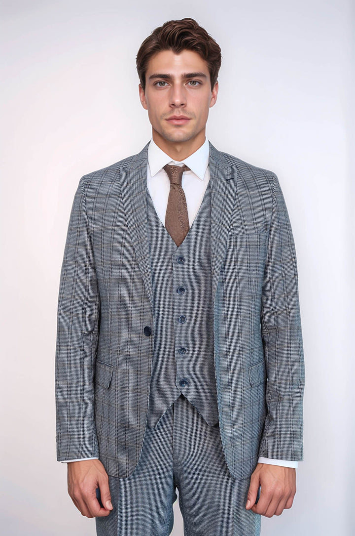 Traje azul marino ajustado con chaleco a cuadros | wess