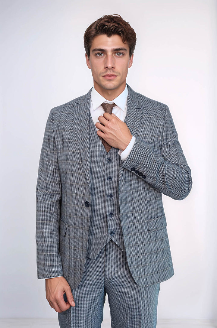 Traje azul marino ajustado con chaleco a cuadros | wess