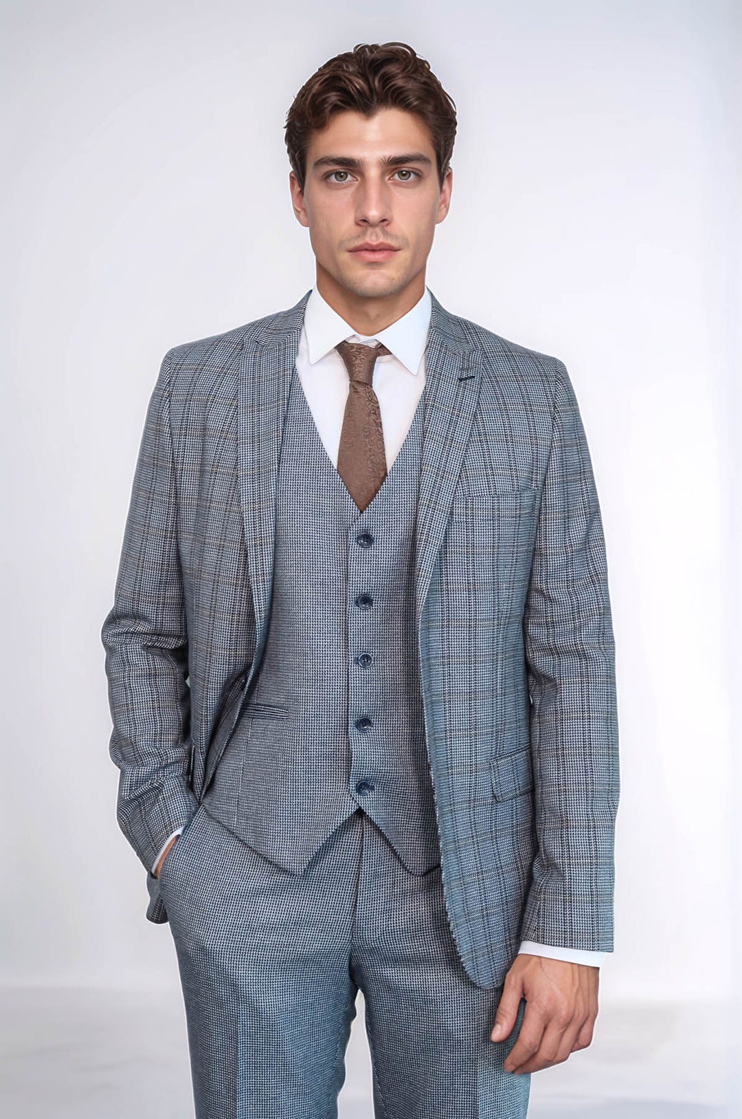 Traje azul marino ajustado con chaleco a cuadros | wess