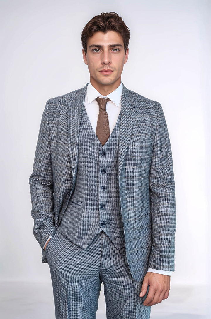 Traje azul marino ajustado con chaleco a cuadros | wess