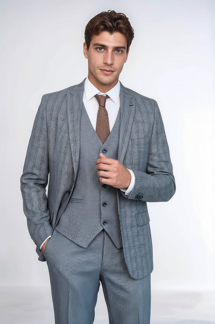 Plaid Navy Slim-Fit Vested Suit | Wessi