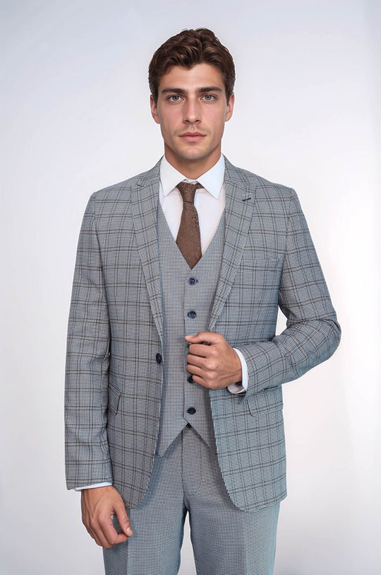 Plaid Slim-Fit Light Blue Men Suit - Wessi