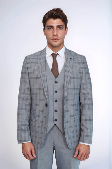 Plaid Slim-Fit Light Blue Men Suit - Wessi