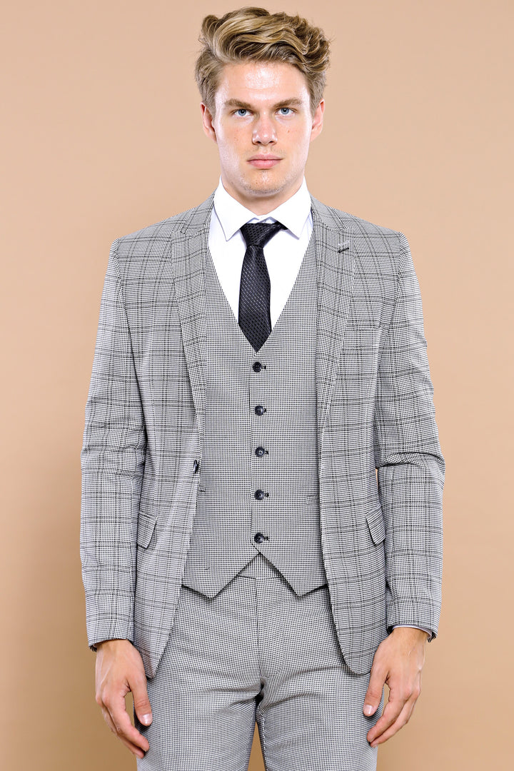 Traje de hombre con chaleco a cuadros grises | wess