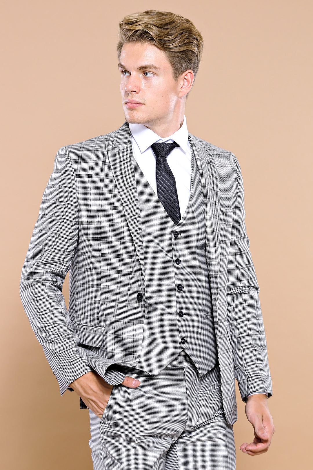 Traje de hombre con chaleco a cuadros grises | wess