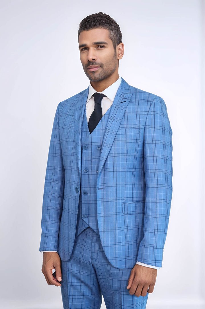Checked Light Blue Men Suit - Wessi