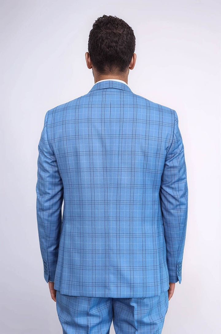 Checked Light Blue Men Suit - Wessi