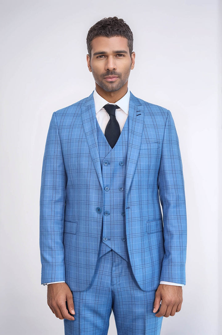 Checked Light Blue Men Suit - Wessi