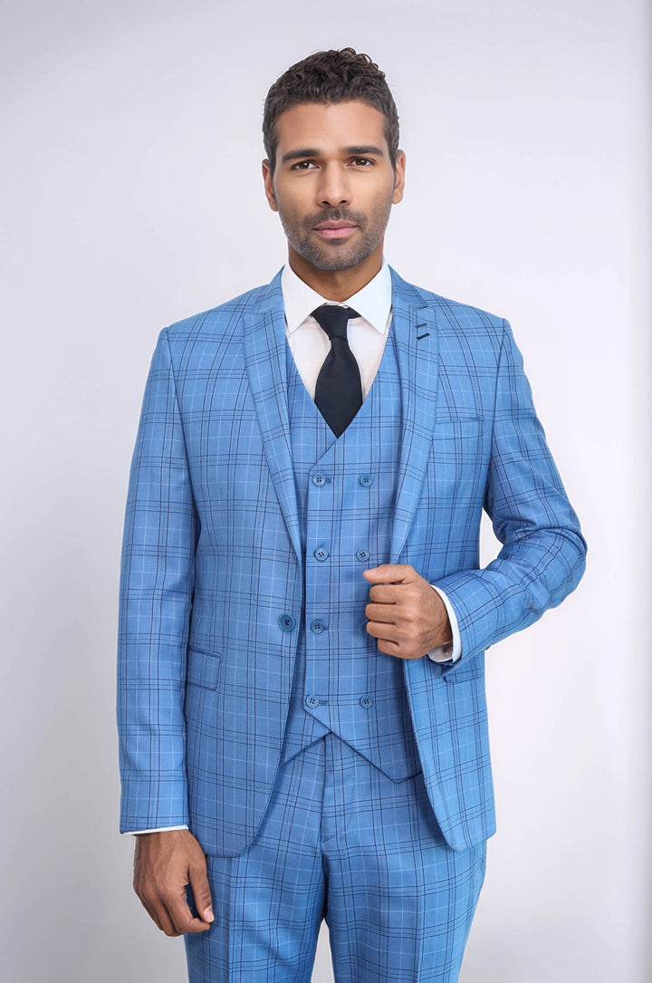 Checked Light Blue Men Suit - Wessi
